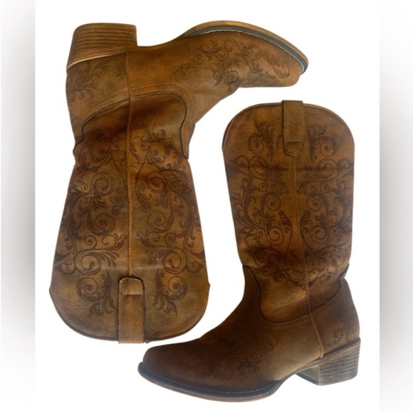 Roper Tall Stuff Snip Toe Brown Ankle Boots with Embroidered Design Sz 8 - Picture 3 of 7